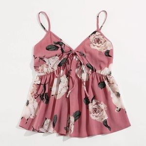 Floral Tie Front Shirred Back Chiffon Cami Top